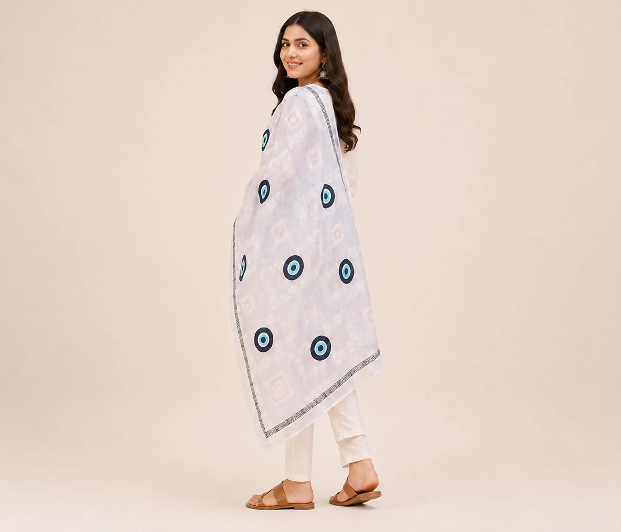 Hand-Painted White Cotton Dupatta with Evil Eye Charms